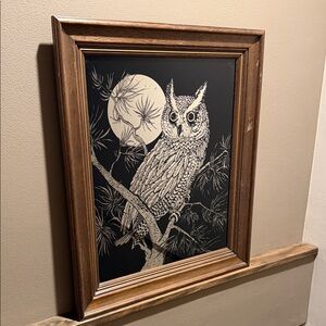 Vintage Framed Owl Art Mirror with Wooden Frame